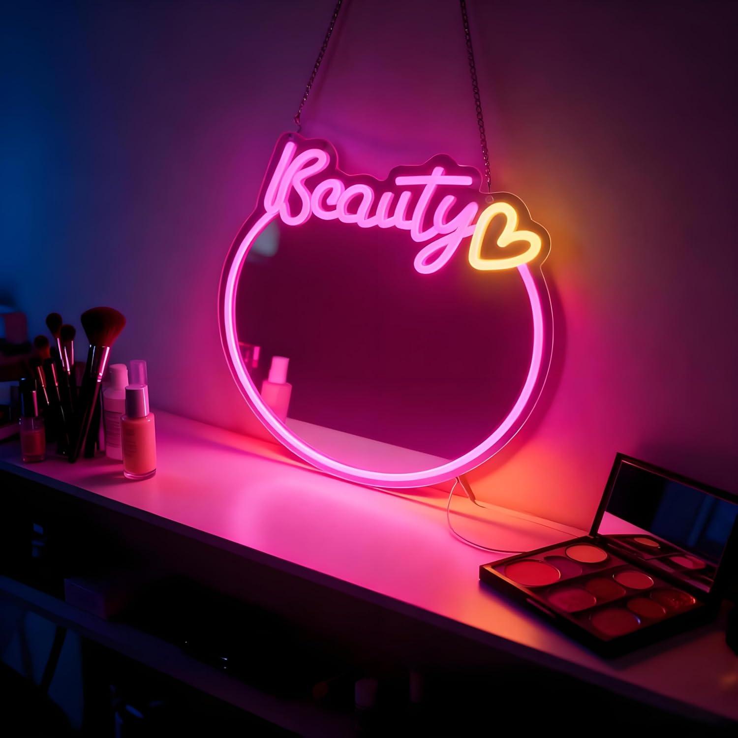 Beauty Makeup Salon - 美容ミラー型ネオンサイン。USB接続で調光可能なLEDライト。ドレッサー、寝室、美容院、メイクルーム、女の子の誕生日プレゼント、壁飾りとして最適。