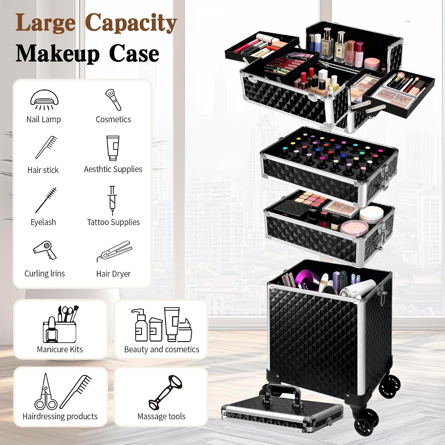 ローリングメイクアップトレインケース、コスメティックトロリー - Beauty Makeup Salon のレビューと価格