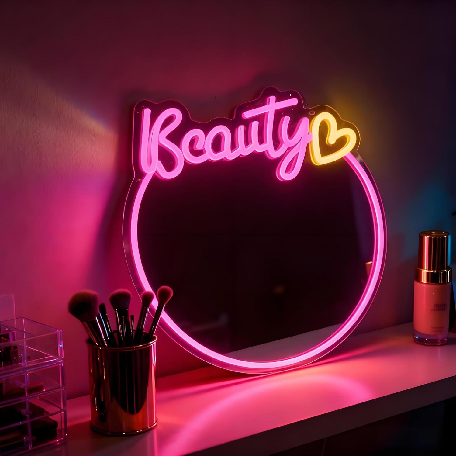 美容ミラー型ネオンサイン。USB接続で調光可能なLEDライト - Beauty Makeup Salon のレビューと価格