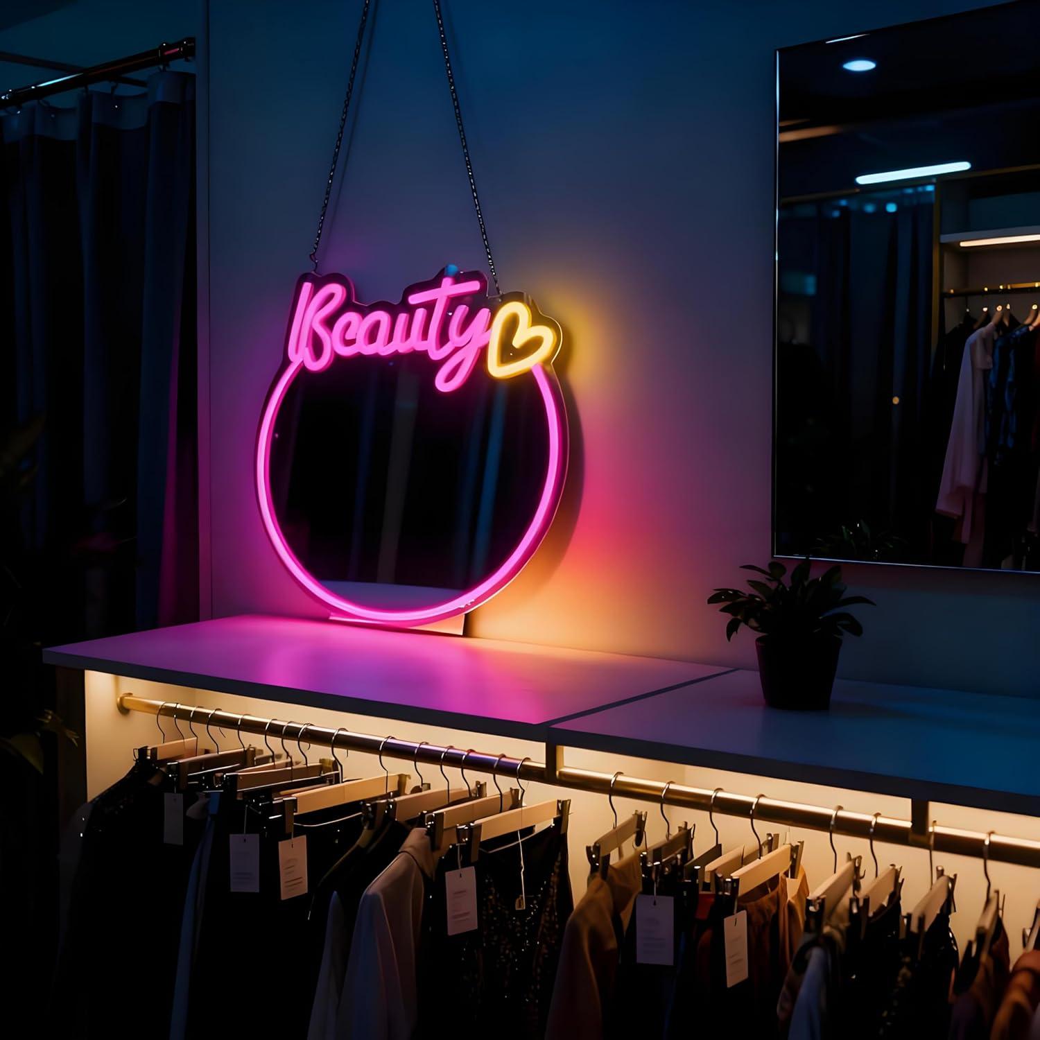 美容ミラー型ネオンサイン。USB接続で調光可能なLEDライト - Beauty Makeup Salon のレビューと価格